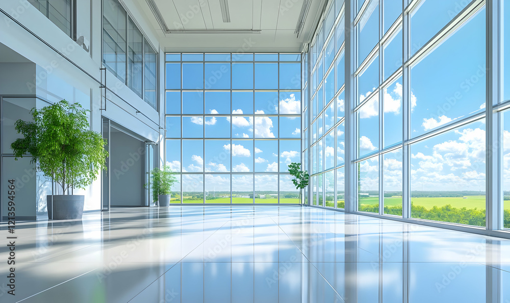 Modern lobby, sunlight, green view, spacious, corporate Modern lobby, sunlight, green view, spacious, corporate