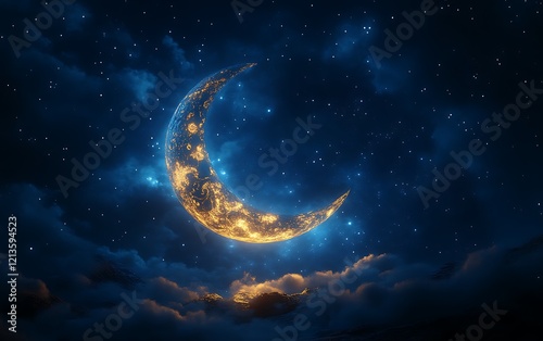 Glowing crescent moon in night sky. (3)