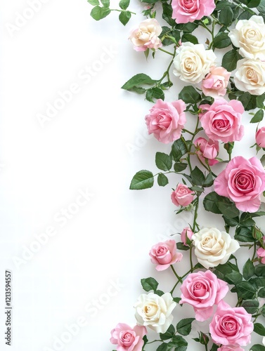 Romantic Rose Border: Delicate pink and cream roses with lush green leaves create a charming border, perfect for invitations, cards, or adding a touch of elegance to your designs. 