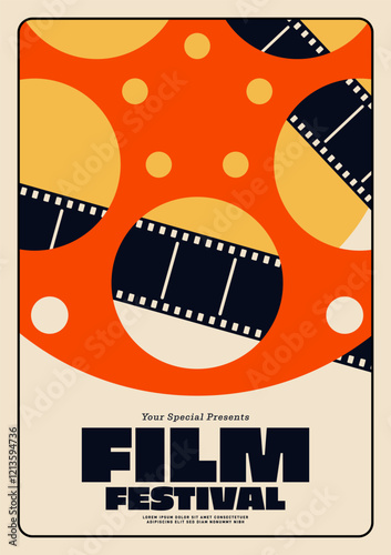 Movie festival poster template design minimal vintage retro style with film reel and filmstrip isolated on beige color background