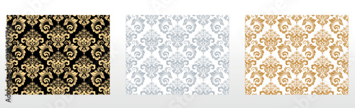 Wallpapers in the style of Baroque. Seamless vector backgrounds. Set of colored floral ornaments. Graphic patterns for fabric, wallpaper, packaging. Ornate Damask flower ornaments