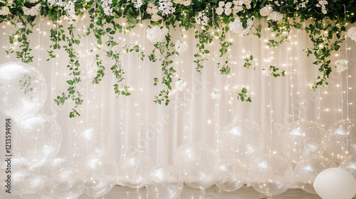 Elegant wedding backdrop with sheer fabric, clear balloons, greenery, and fairy lights.