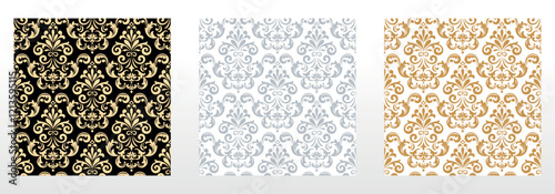 Wallpapers in the style of Baroque. Seamless vector backgrounds. Set of colored floral ornaments. Graphic patterns for fabric, wallpaper, packaging. Ornate Damask flower ornaments