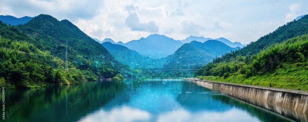Fototapeta premium clean energy hydropower concept. Serene landscape with mountains reflecting in calm water under a cloudy sky.