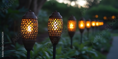 Illuminated pathway with solar-powered torches at dusk.