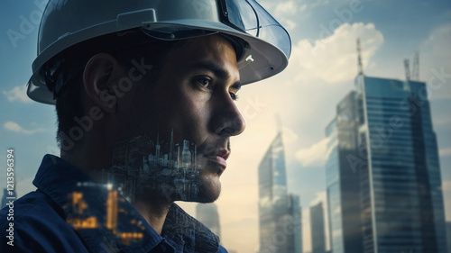 The double exposure image of the engineer thinking overlays with cityscape image with copy space