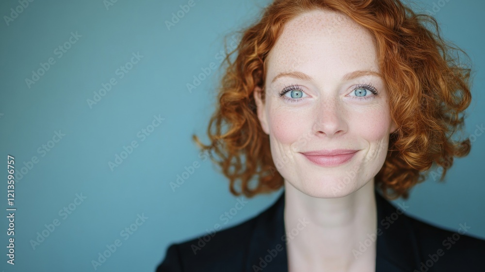 Fototapeta premium A woman with vibrant curly red hair smiles warmly, highlighting her bright blue eyes and friendly demeanor in a softly lit setting