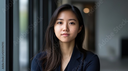 A woman in a black suit is standing in front of a window. Generative AI