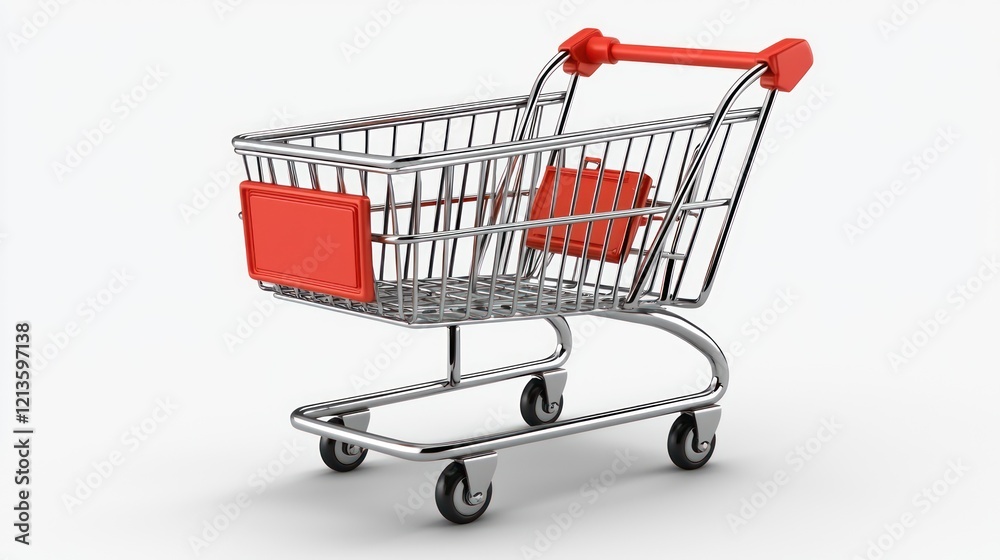 A metallic shopping cart with red accents, commonly used for grocery shopping.