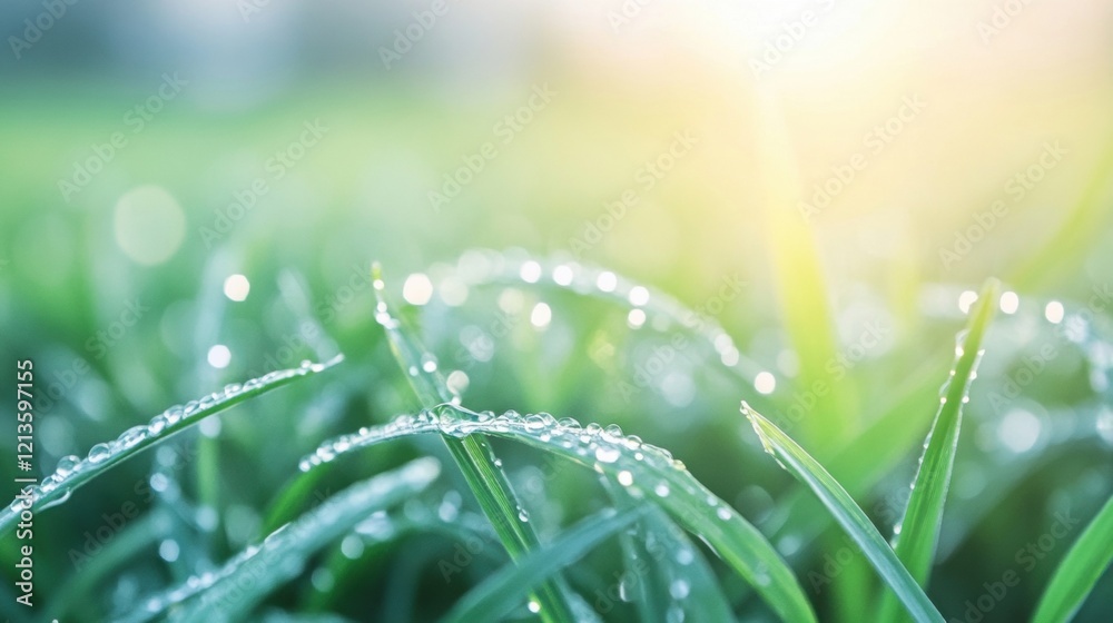 Fototapeta premium Dew drops glisten on blades of green grass as the sun rises, highlighting the freshness of a new day in a tranquil outdoor setting