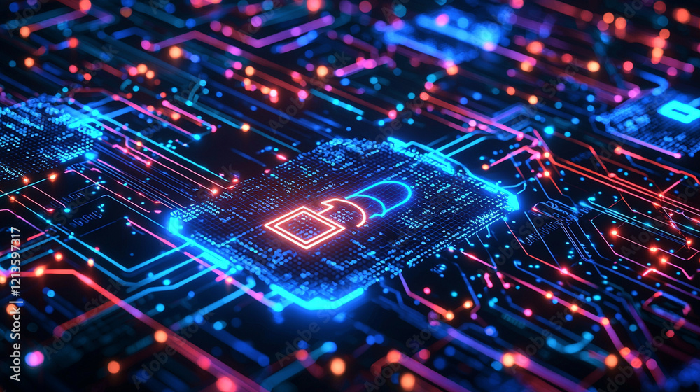 Glowing digital padlock on circuit board. Glowing digital padlock on circuit board.