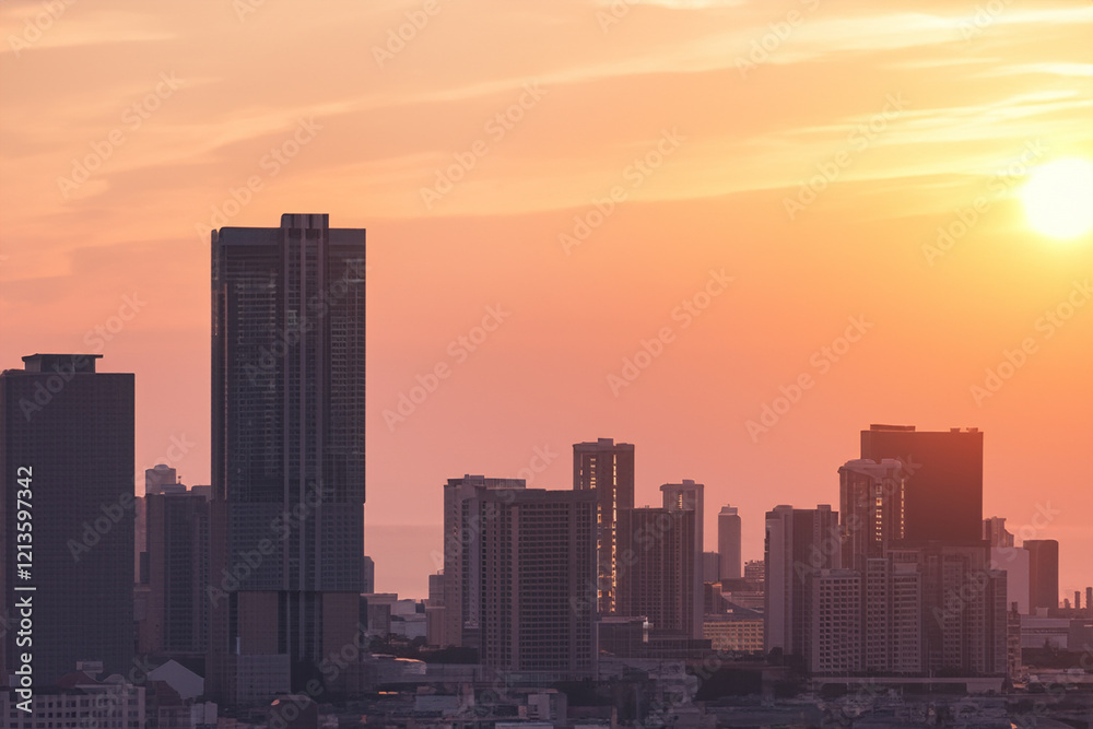 Empty square floors and bridge with city skyline at sunset Empty square floors and bridge with city skyline at sunset