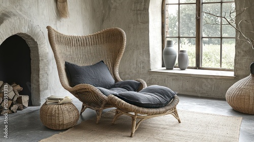 Cozy interior featuring a unique wicker chair and decorative elements.