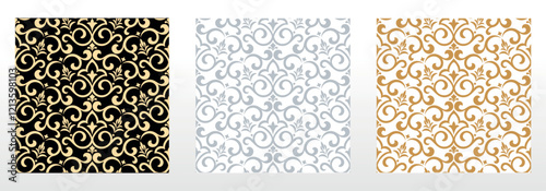 Wallpapers in the style of Baroque. Seamless vector backgrounds. Set of colored floral ornaments. Graphic patterns for fabric, wallpaper, packaging. Ornate Damask flower ornaments