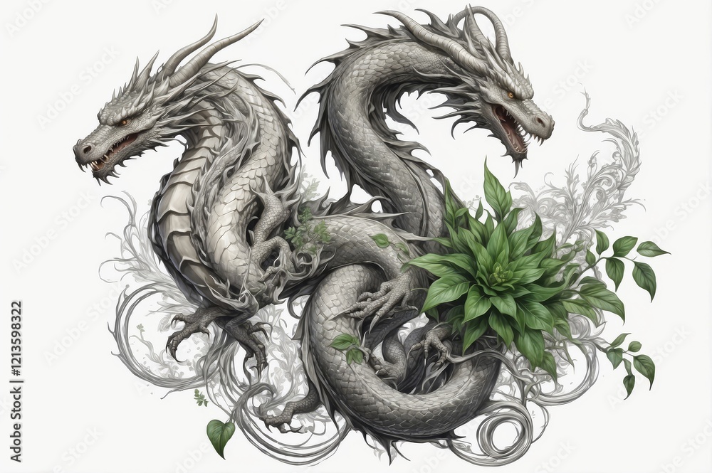 Fototapeta premium Two majestic silver dragons intertwined with lush green plants against a white background.
