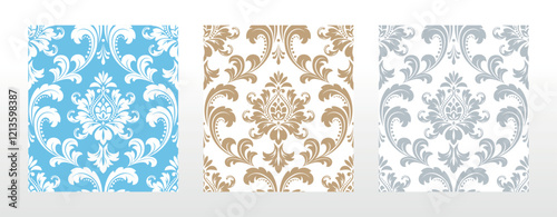Wallpapers in the style of Baroque. Seamless vector backgrounds. Set of colored floral ornaments. Graphic patterns for fabric, wallpaper, packaging. Ornate Damask flower ornaments