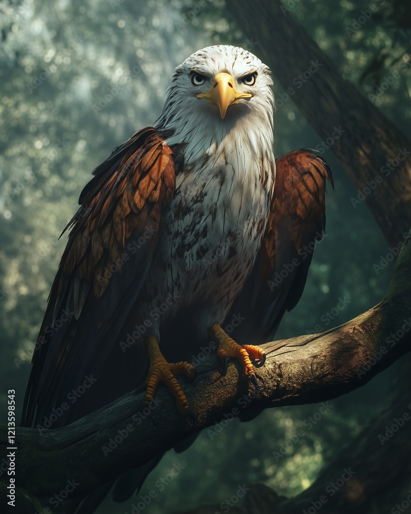 Fototapeta premium Majestic bald eagle perched on tree branch in forest