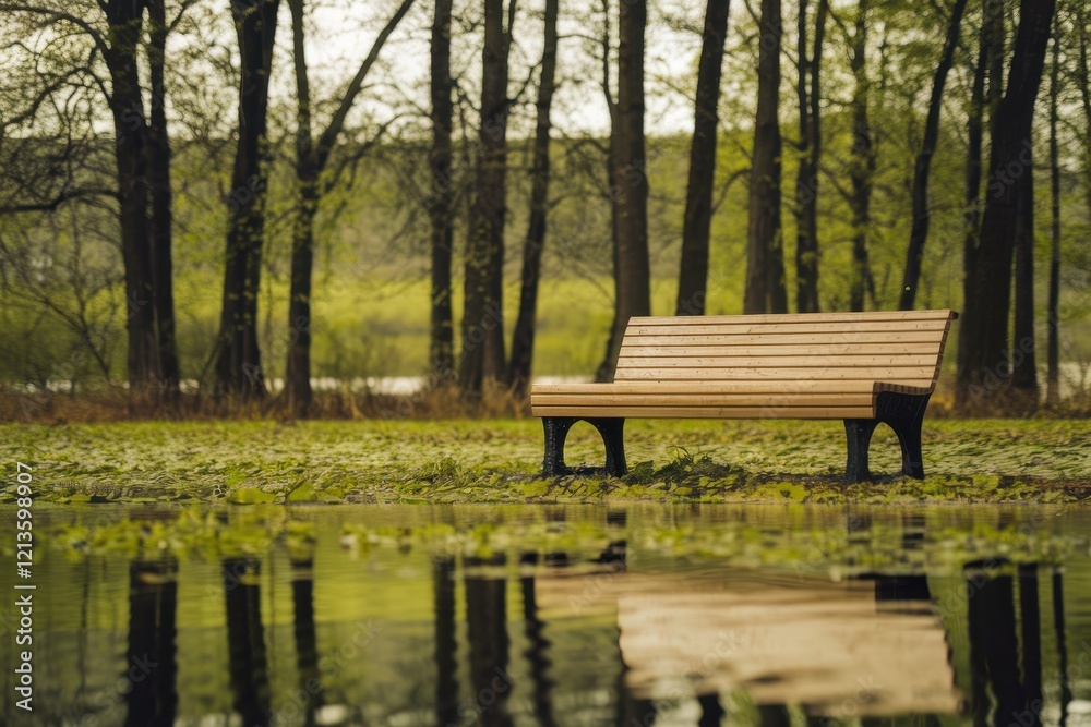 Wooden park bench sits by tranquil water reflecting trees
