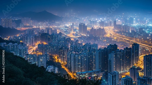 Wallpaper Mural An aerial night view shows a dense city with many lit buildings and highways. Torontodigital.ca