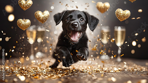 Huge golden hearts made of confetti behind the puppies ,the dog celebrating in against a white background, with space for text,Valentine's Day decoration on rustic wood with champagne glasses and gold