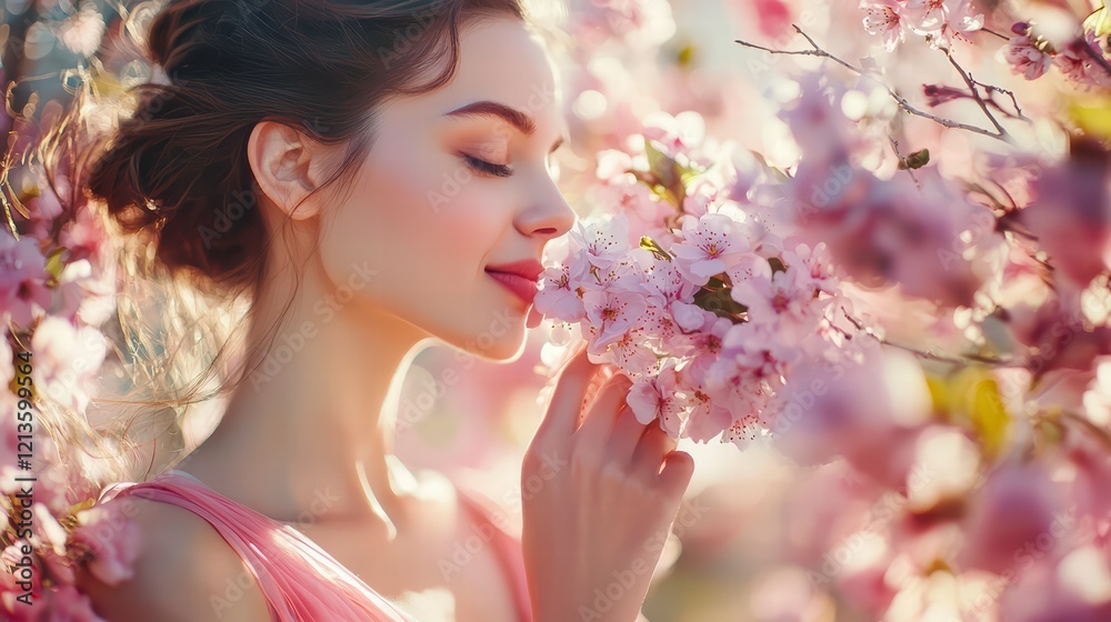 International Women's Day. Extremely happy woman in a bright pink dress is smelling a bunch of spring flowers International Women's Day. Extremely happy woman in a bright pink dress is smelling a bunch of spring flowers