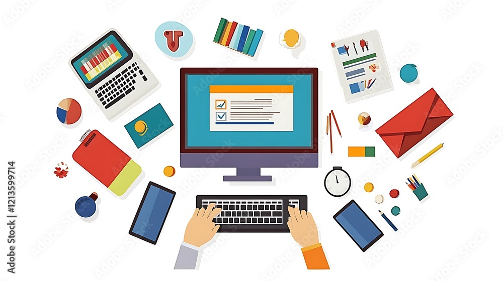 Overhead View of a Busy Workspace with Technology and Office Supplies Overhead View of a Busy Workspace with Technology and Office Supplies