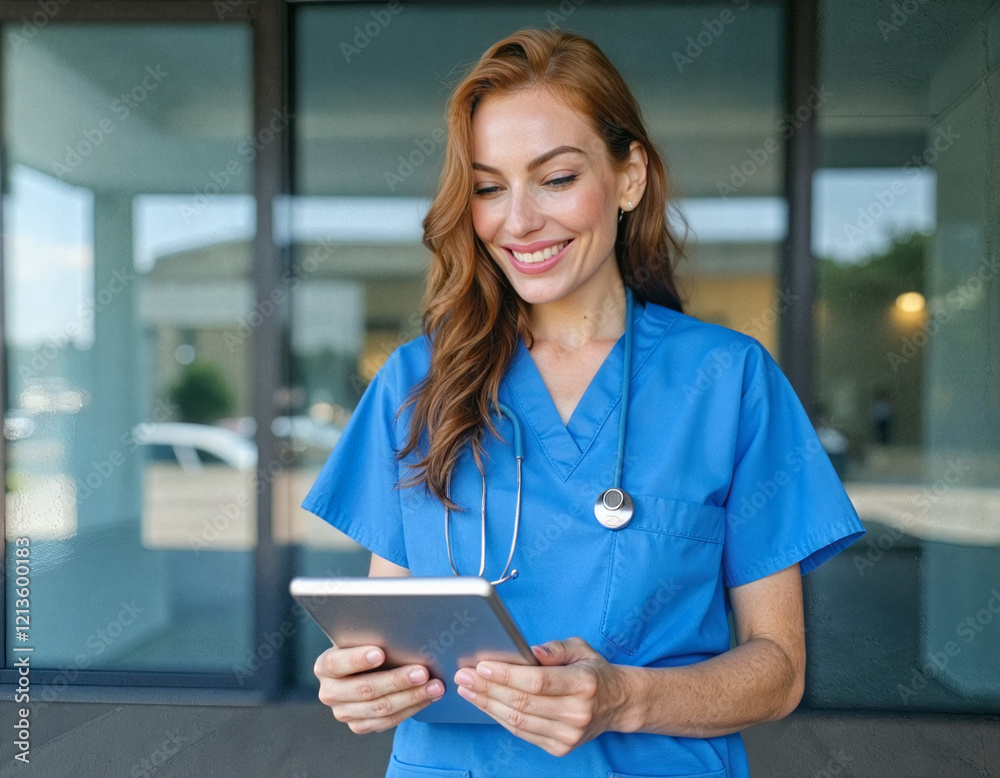A confident young female healthcare professional smiling while holding a tablet, wearing blue scrubs and a stethoscope, standing outside a modern medical facility with a bright and inviting atmosphere A confident young female healthcare professional smiling while holding a tablet, wearing blue scrubs and a stethoscope, standing outside a modern medical facility with a bright and inviting atmosphere