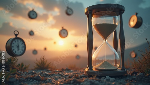 A giant hourglass with sand flowing upward instead of down, surrounded by floating, antique clocks in a dreamy, surreal landscape with soft twilight colors The Feeling of Time