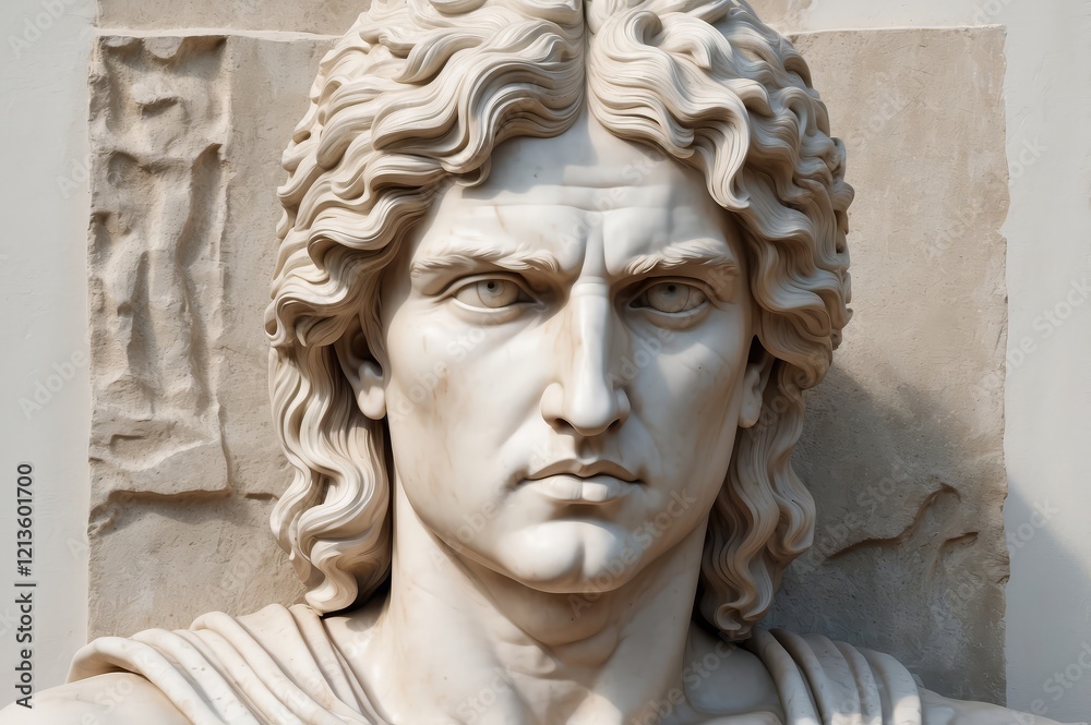 Close-up of a classical marble bust of a man with intense expression, detailed carving, and wavy hair. Close-up of a classical marble bust of a man with intense expression, detailed carving, and wavy hair.