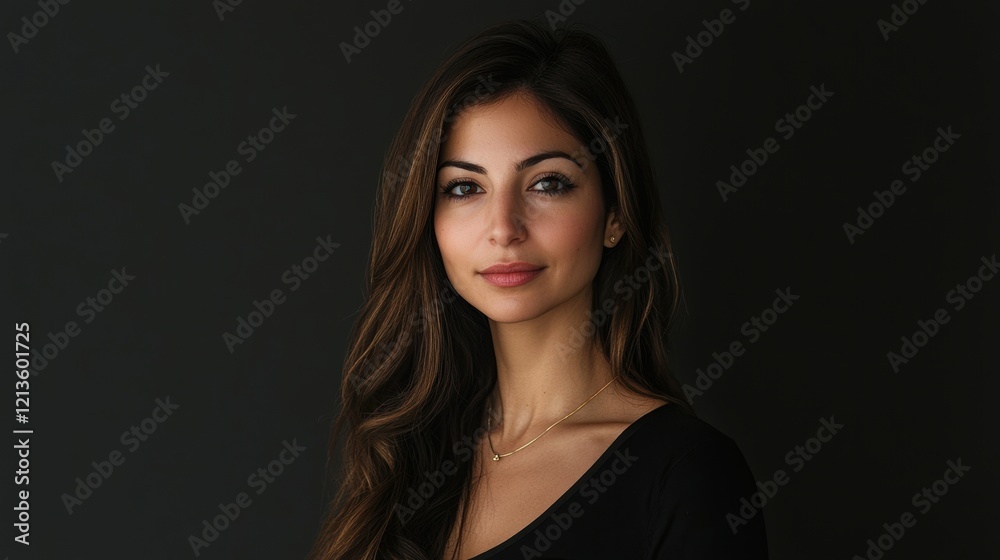 A woman with long brown hair is standing in front of a black background. Generative AI A woman with long brown hair is standing in front of a black background. Generative AI