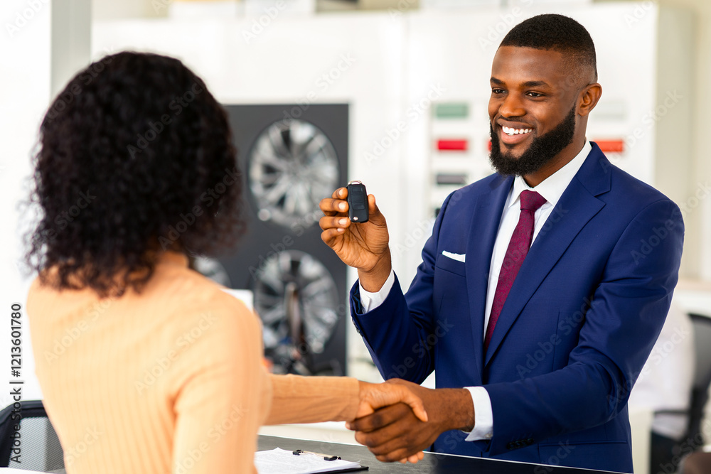 Happy Car Salesman And Female Customer Handshaking After Successful Purchase In Modern Dealership Center, African American Salesperson Giving Keys To Client, Greeting With Buying New Automobile Happy Car Salesman And Female Customer Handshaking After Successful Purchase In Modern Dealership Center, African American Salesperson Giving Keys To Client, Greeting With Buying New Automobile
