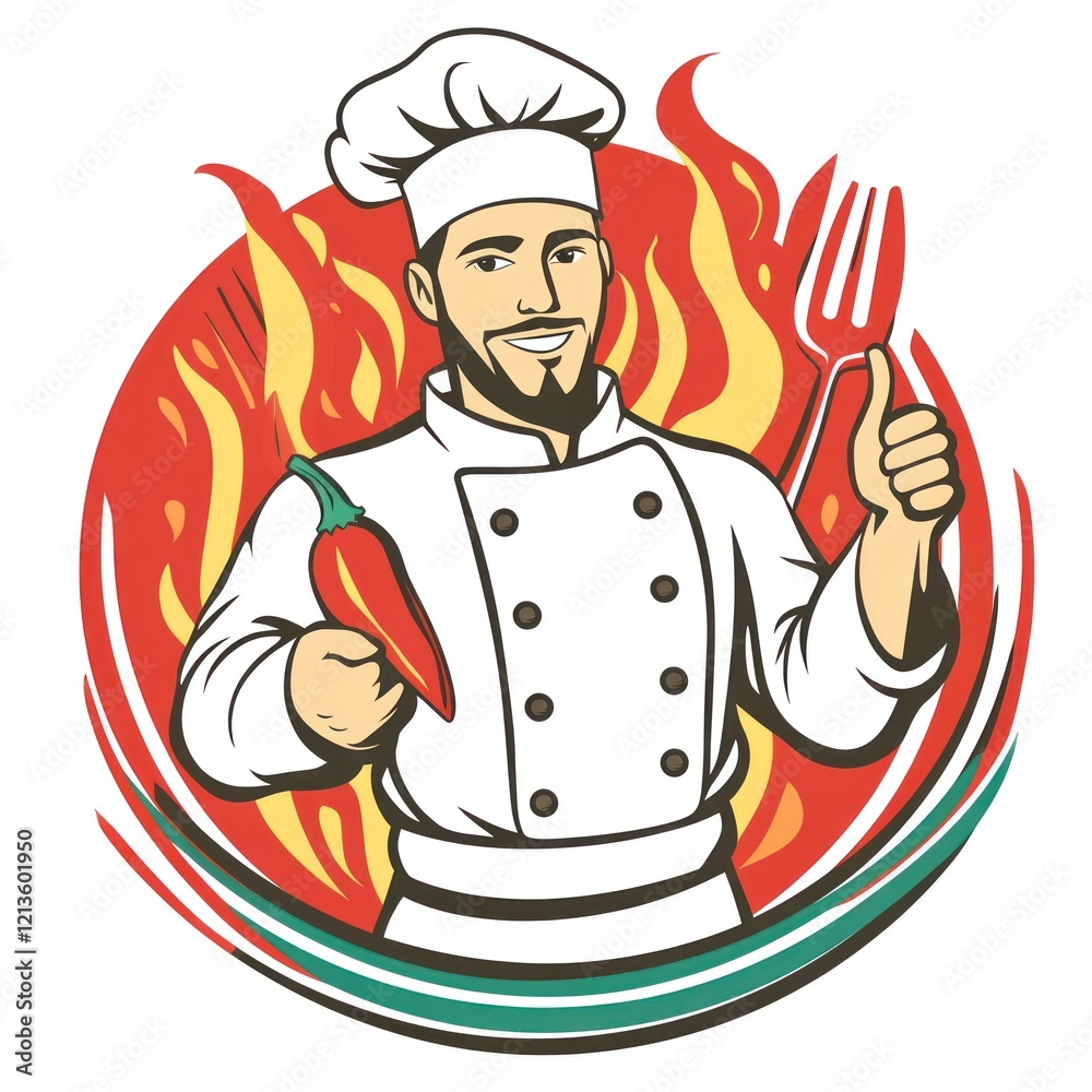 Cheerful chef holding pepper and fork with fire background. For food blog, restaurant ads Cheerful chef holding pepper and fork with fire background. For food blog, restaurant ads
