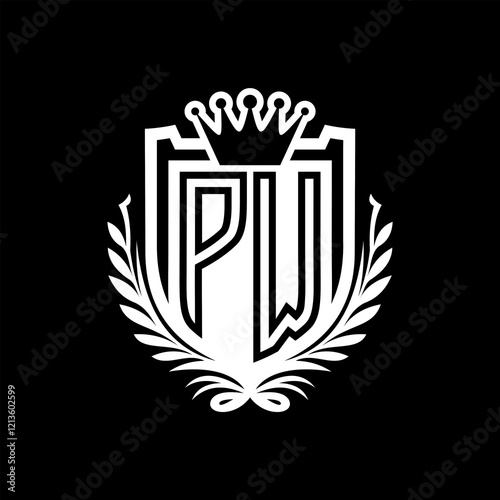 PW Letter logo heraldic shield shape with crown on black background template design