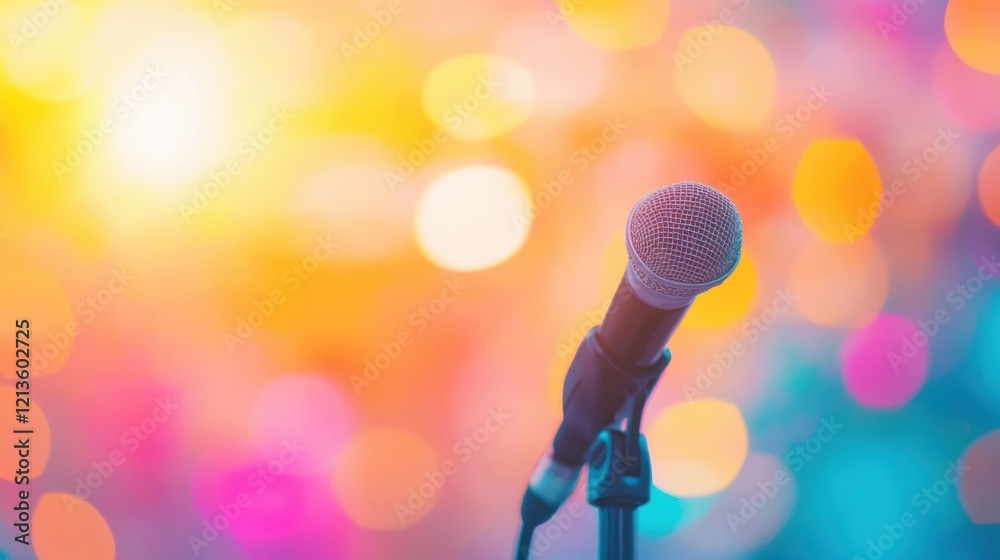 A public speaker prepares to address an audience at a dynamic conference, highlighted by colorful lighting and energy A public speaker prepares to address an audience at a dynamic conference, highlighted by colorful lighting and energy