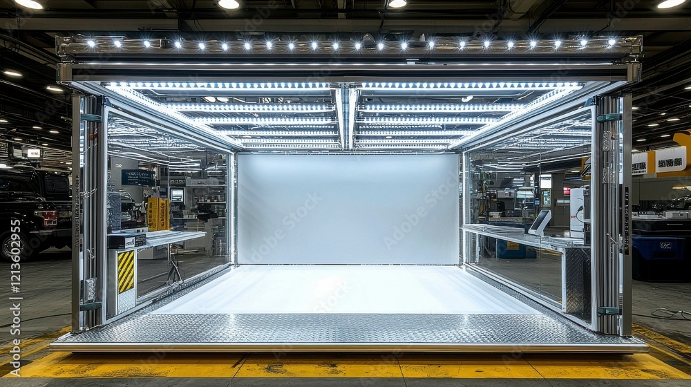 Fototapeta premium 3D rendering of a blank product stand illuminated by neon lights, offering a futuristic and high-tech backdrop for product presentations in a bold and modern style.