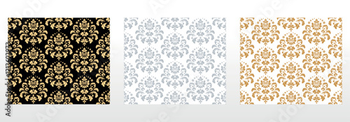 Wallpapers in the style of Baroque. Seamless vector backgrounds. Set of colored floral ornaments. Graphic patterns for fabric, wallpaper, packaging. Ornate Damask flower ornaments