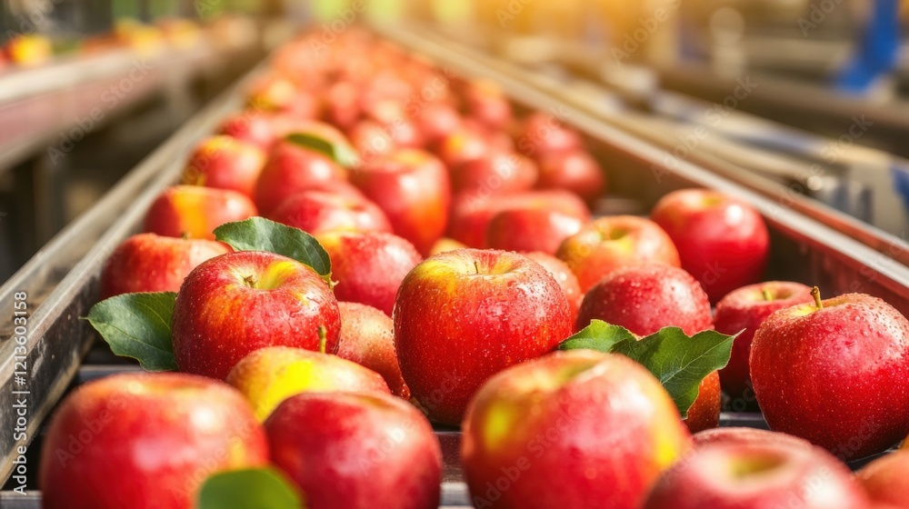 Red apples are being sorted meticulously on a conveyor system in a rural facility under natural sunlight, highlighting freshness and quality Red apples are being sorted meticulously on a conveyor system in a rural facility under natural sunlight, highlighting freshness and quality