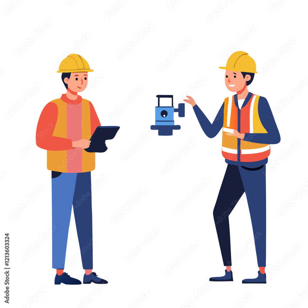 Two engineers in hard hats assess site elevations with a laser tool. They are engaged in a detailed discussion about the measurements and project requirements, ensuring accuracy Two engineers in hard hats assess site elevations with a laser tool. They are engaged in a detailed discussion about the measurements and project requirements, ensuring accuracy