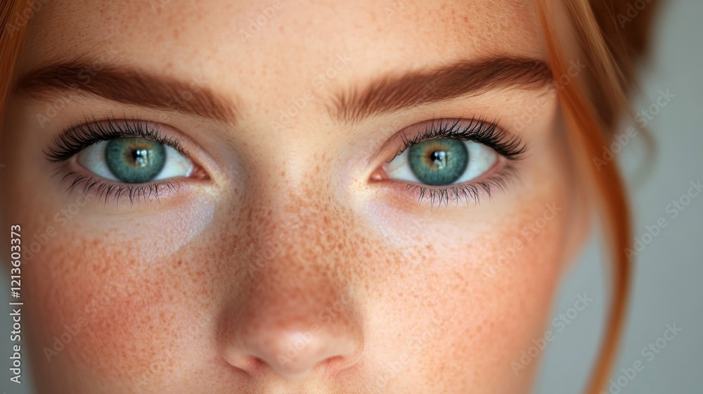 Naklejka premium Close-up of a person with vibrant green eyes and natural freckles, showcasing flawless skin and a bold brow