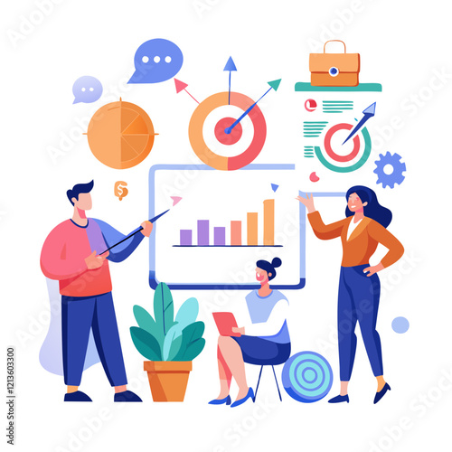 Sales professionals enthusiastically discuss their monthly results, using charts and graphs to analyze data. Team members share insights while utilizing digital tools in an office setting