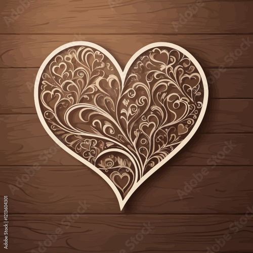 Happy Valentine's Day greeting card. Decorative heart cut hearts on brown wooden background. Vector illustration