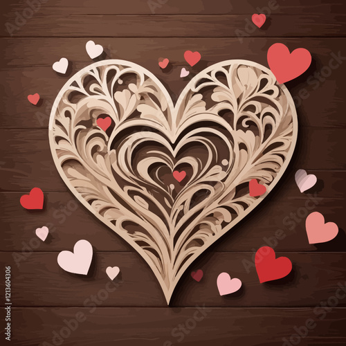 Happy Valentine's Day greeting card. Decorative heart cut hearts on brown wooden background. Vector illustration