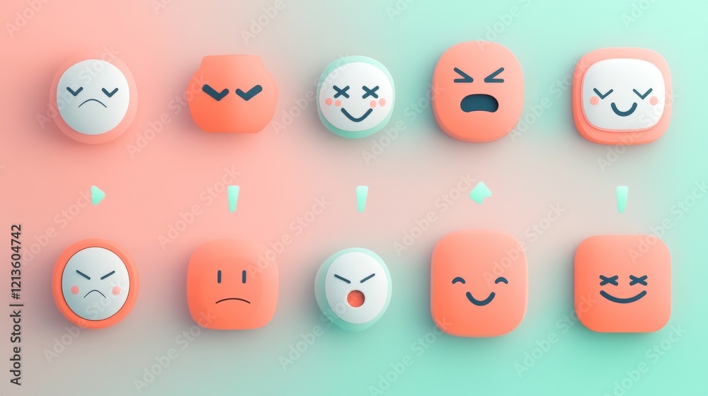 Power level emoticons, battery charge status icons, mint green to coral pink palette, cheerful to tired faces, clean linework, modern icon design, energy visualization Power level emoticons, battery charge status icons, mint green to coral pink palette, cheerful to tired faces, clean linework, modern icon design, energy visualization