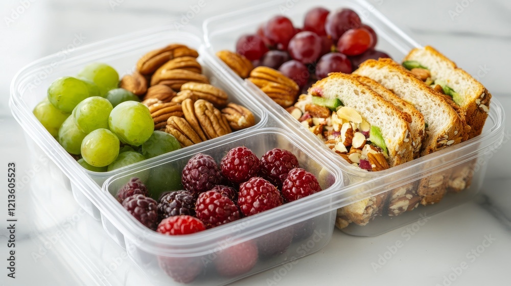 Nutritious lunch arrangement, sectioned meal container, wholesome sandwich composition, fresh produce styling, mixed berries and grapes, premium nuts selection, seasonal fruits display, food Nutritious lunch arrangement, sectioned meal container, wholesome sandwich composition, fresh produce styling, mixed berries and grapes, premium nuts selection, seasonal fruits display, food