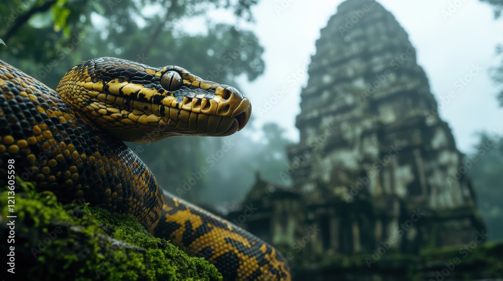 Obraz premium Majestic Python Coiled in Lush Jungle Amidst Ancient Temple Ruins, Evoking Mysteries of Nature and Time