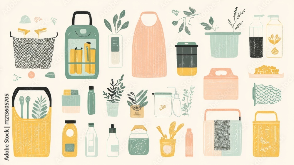 Sustainable lifestyle illustration set, color-coded recycling bins, eco shopping bags pattern, reusable containers collection, natural cleaning supplies, mesh produce bags, glass storage jars, Sustainable lifestyle illustration set, color-coded recycling bins, eco shopping bags pattern, reusable containers collection, natural cleaning supplies, mesh produce bags, glass storage jars,