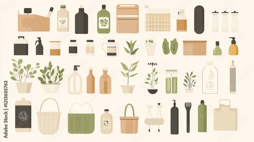 Zero waste lifestyle icons, sorted waste containers illustration, eco-friendly household items, natural cleaning products, reusable shopping accessories, sustainable kitchen tools, minimalist design Zero waste lifestyle icons, sorted waste containers illustration, eco-friendly household items, natural cleaning products, reusable shopping accessories, sustainable kitchen tools, minimalist design