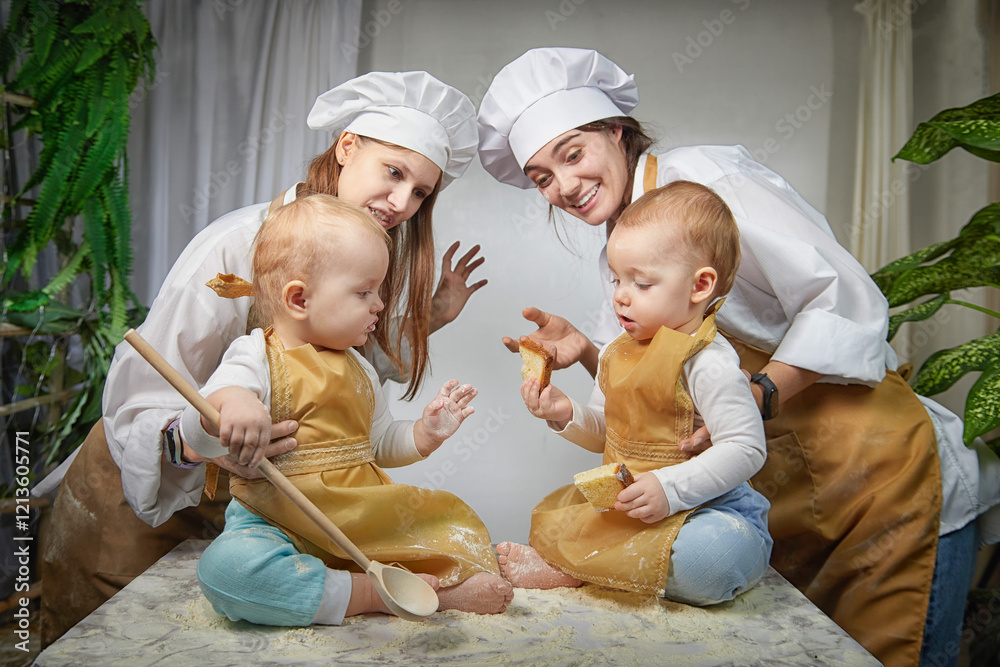 A families enjoys a fun cooking session, playfully covered in flour while engaging with little ones in a warm kitchen. Mothers and children having fun A families enjoys a fun cooking session, playfully covered in flour while engaging with little ones in a warm kitchen. Mothers and children having fun