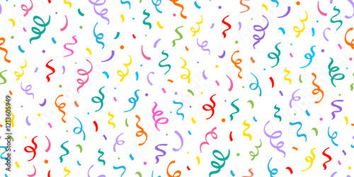 Birthday confetti seamless pattern background. Birthday decoration confetti, ribbon element, cute seamless pattern. Fun childish color abstract decoration element background. Vector illustration.