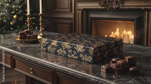 Wallpaper Mural A decorative box of chocolates on a marble table, with candles and a festive backdrop. Torontodigital.ca